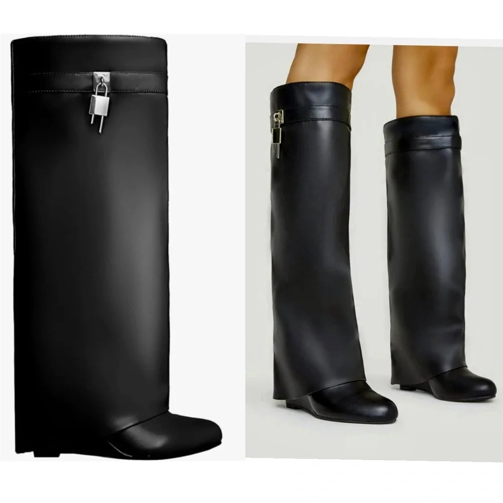 NEW IN BOX Black Fold Over Wedge Heel Wide Calf Pull On Knee High Boots Size 10 - Picture 2 of 16